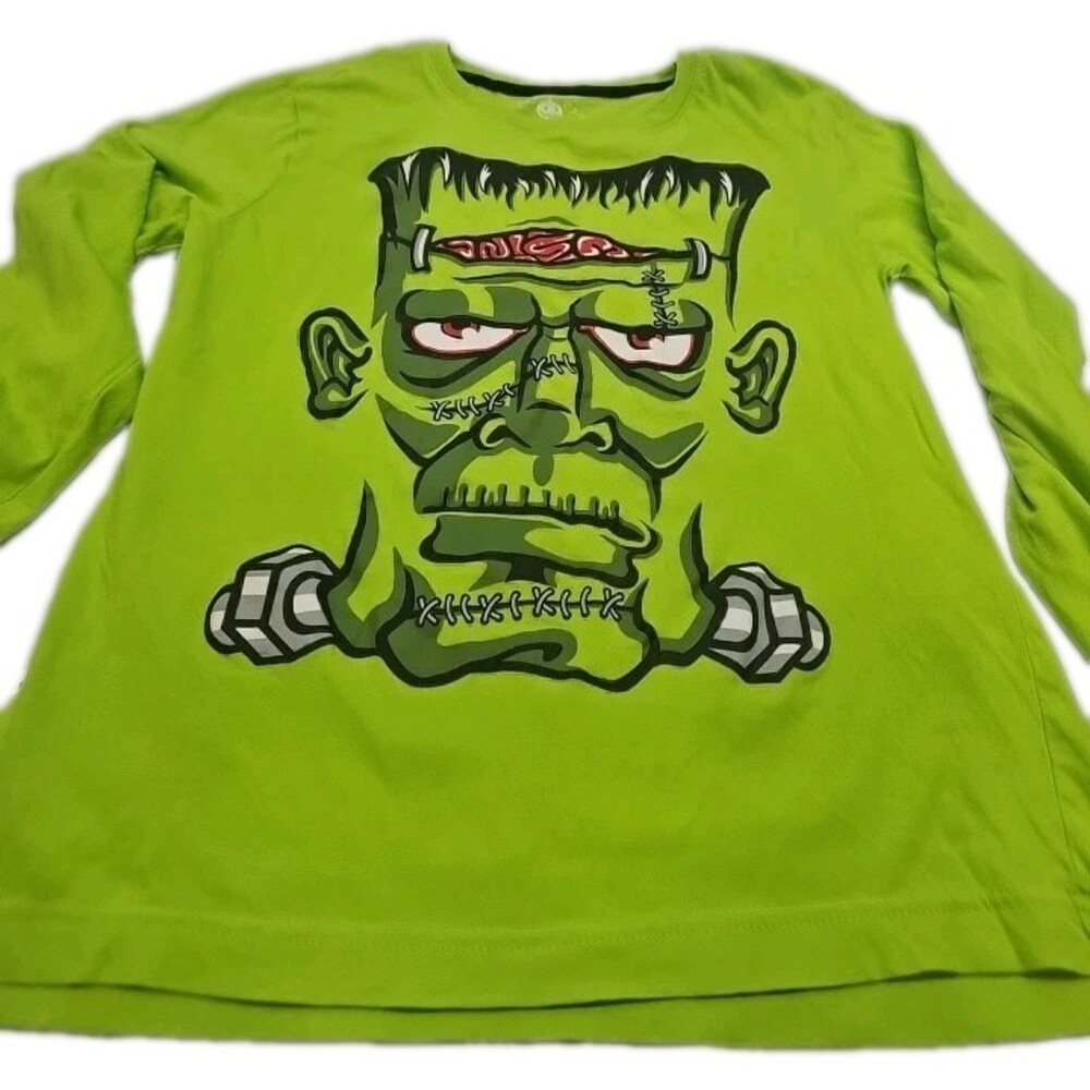Frankenstein Halloween Long Sleeve Shirt Youth Green Monster Graphic 100% Cotton